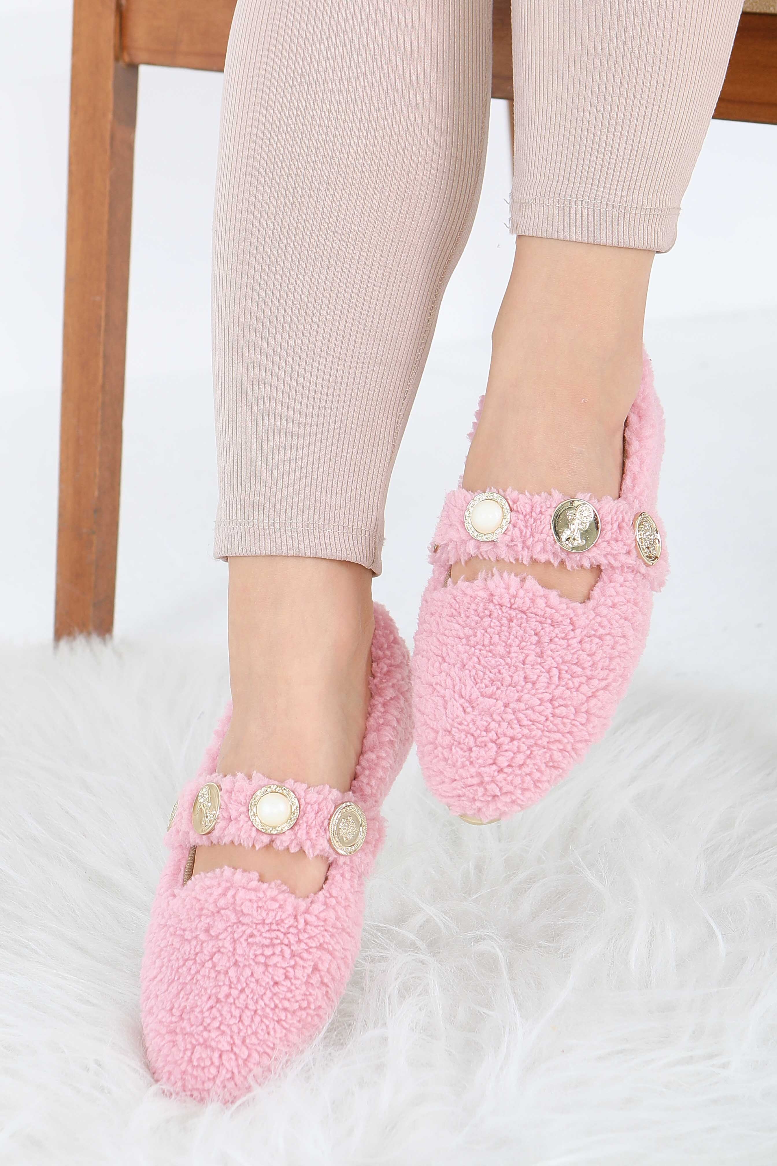 Kadın Pembe İnci Ve Tuğra Detaylı Peluş Babet - 27911-PEMBE