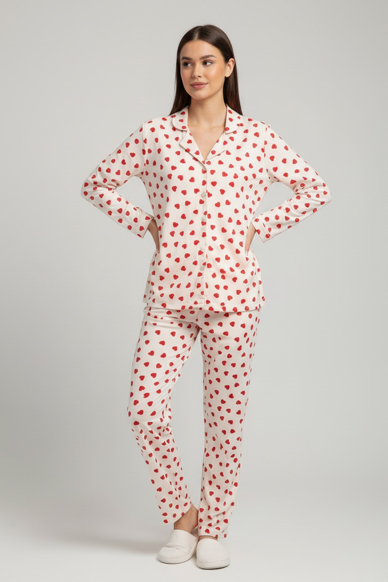 Kalp Baskılı Pijama Takımı  - 27939-EKRU