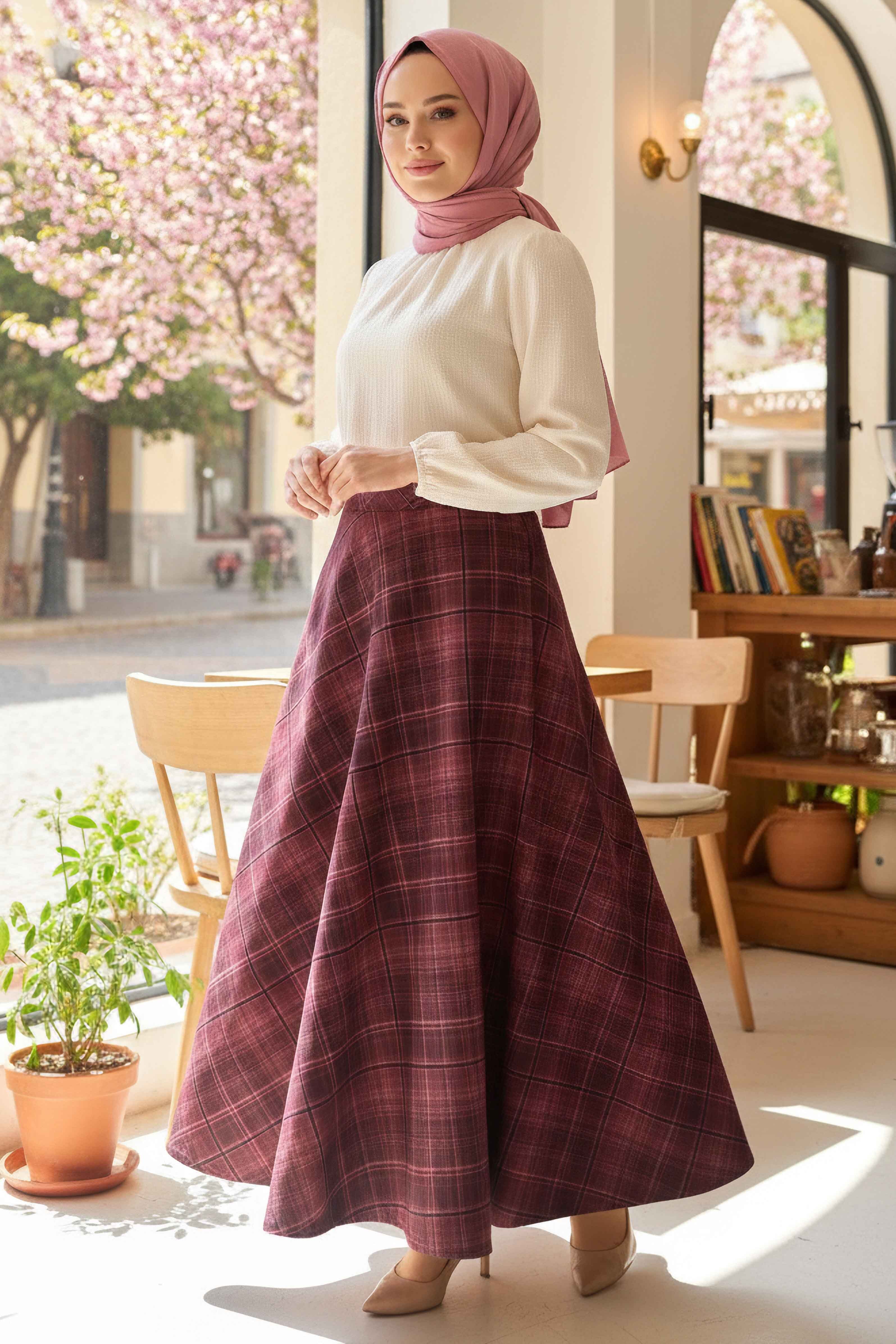 Kare Desenli Çan Etek  - 28239-BORDO