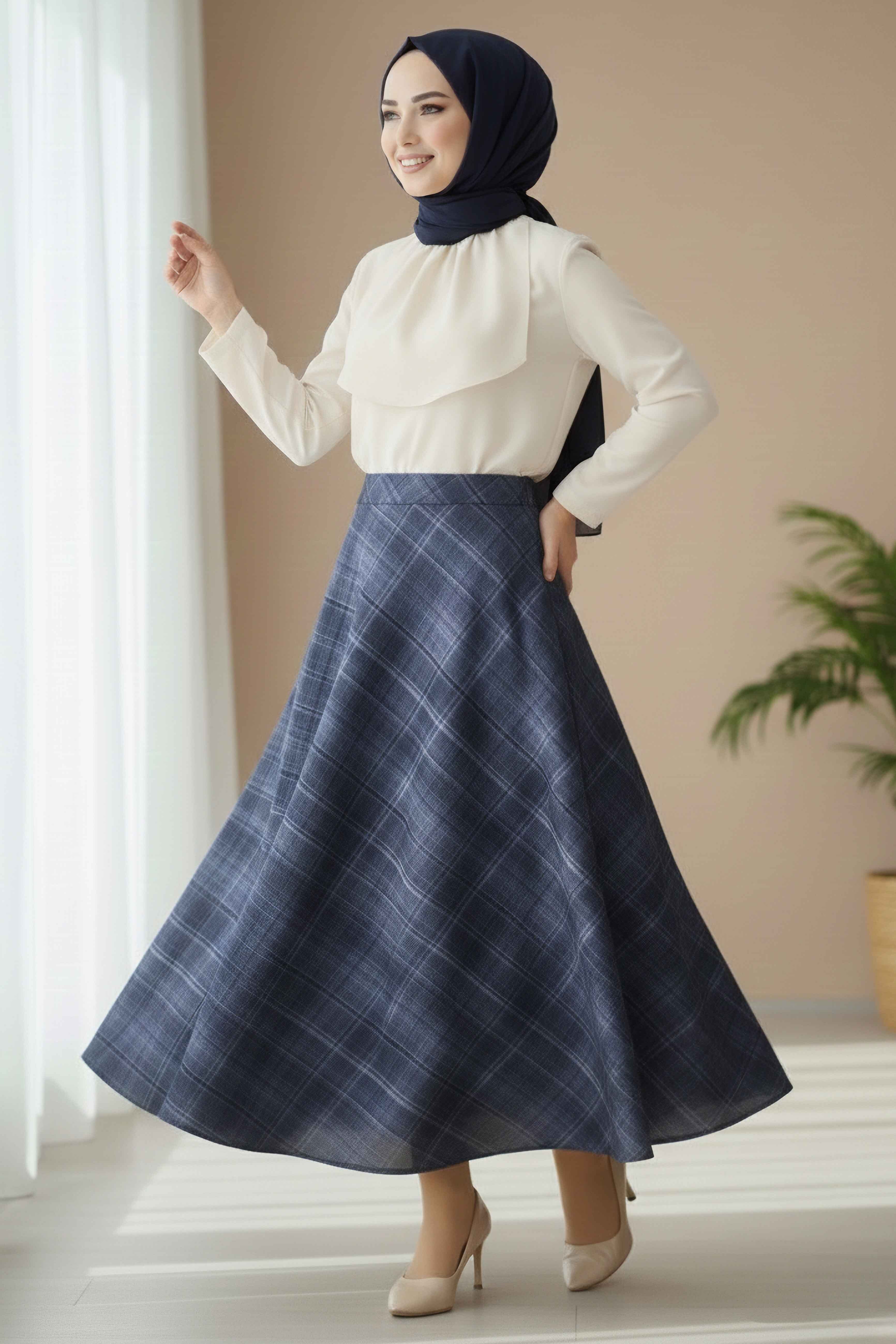 Kare Desenli Çan Etek  - 28239-LACIVERT
