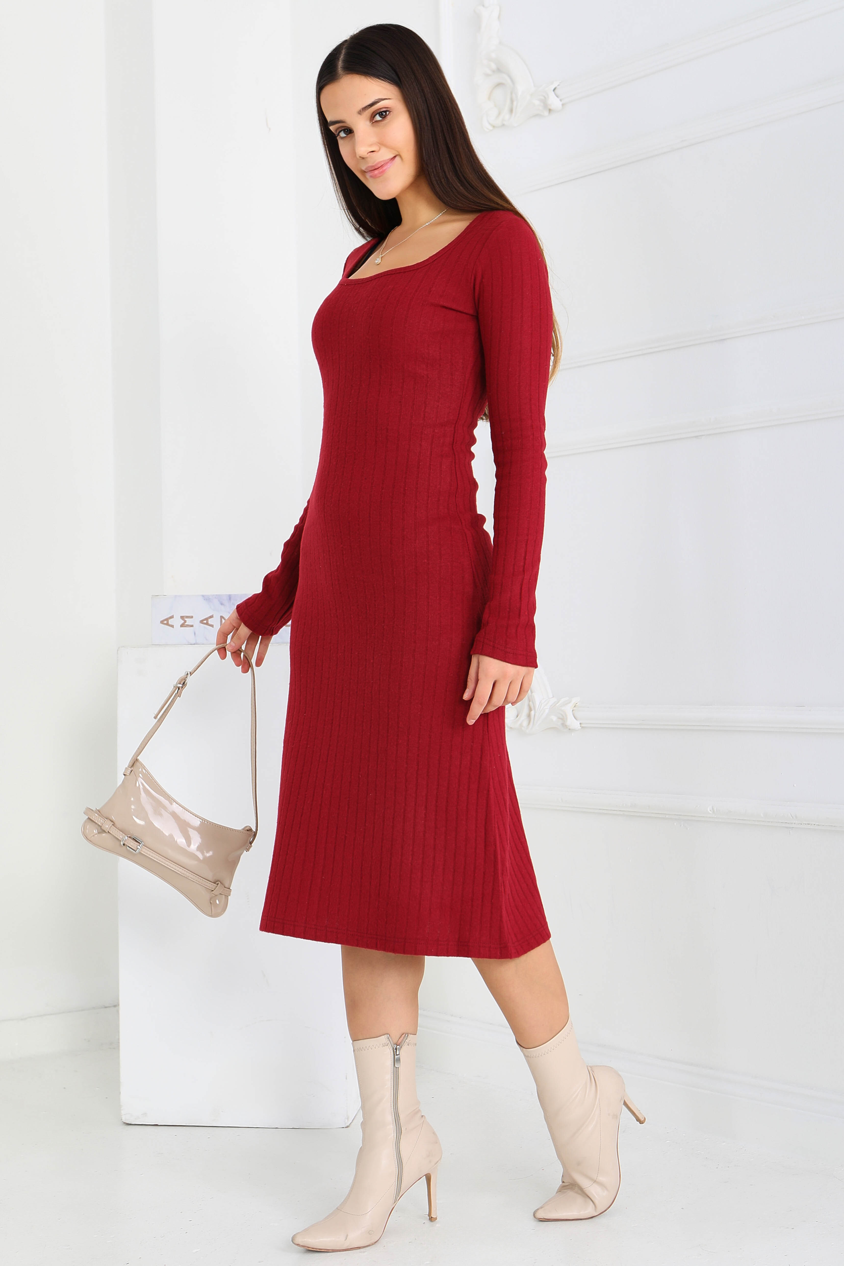 Kare Yaka Fitilili Kaşkorse Elbise  - 27867-BORDO