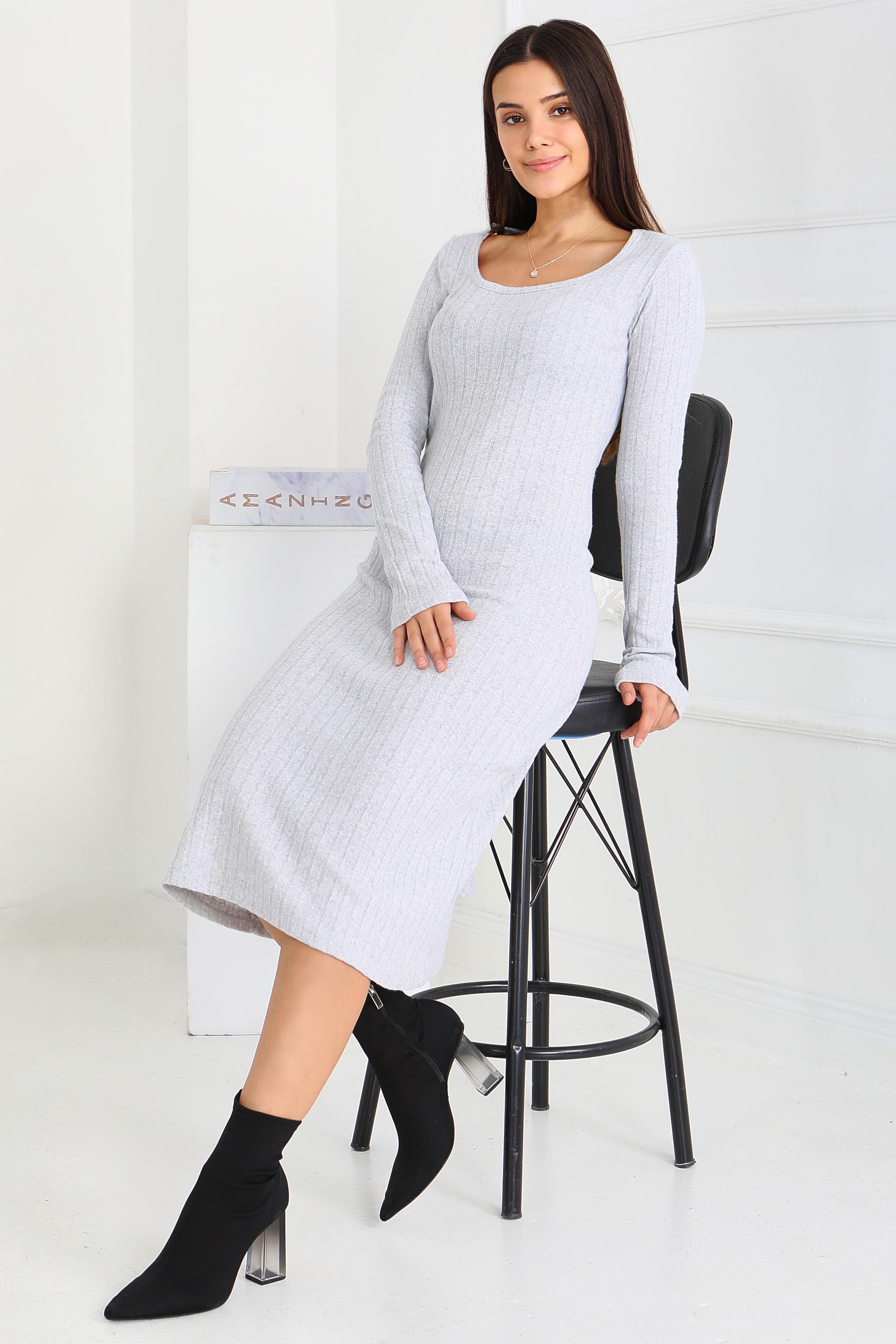 Kare Yaka Fitilili Kaşkorse Elbise  - 27867-GRI