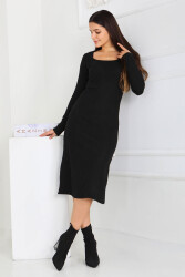 Kare Yaka Fitilili Kaşkorse Elbise - 27867-SIYAH - TOFİSA (1)