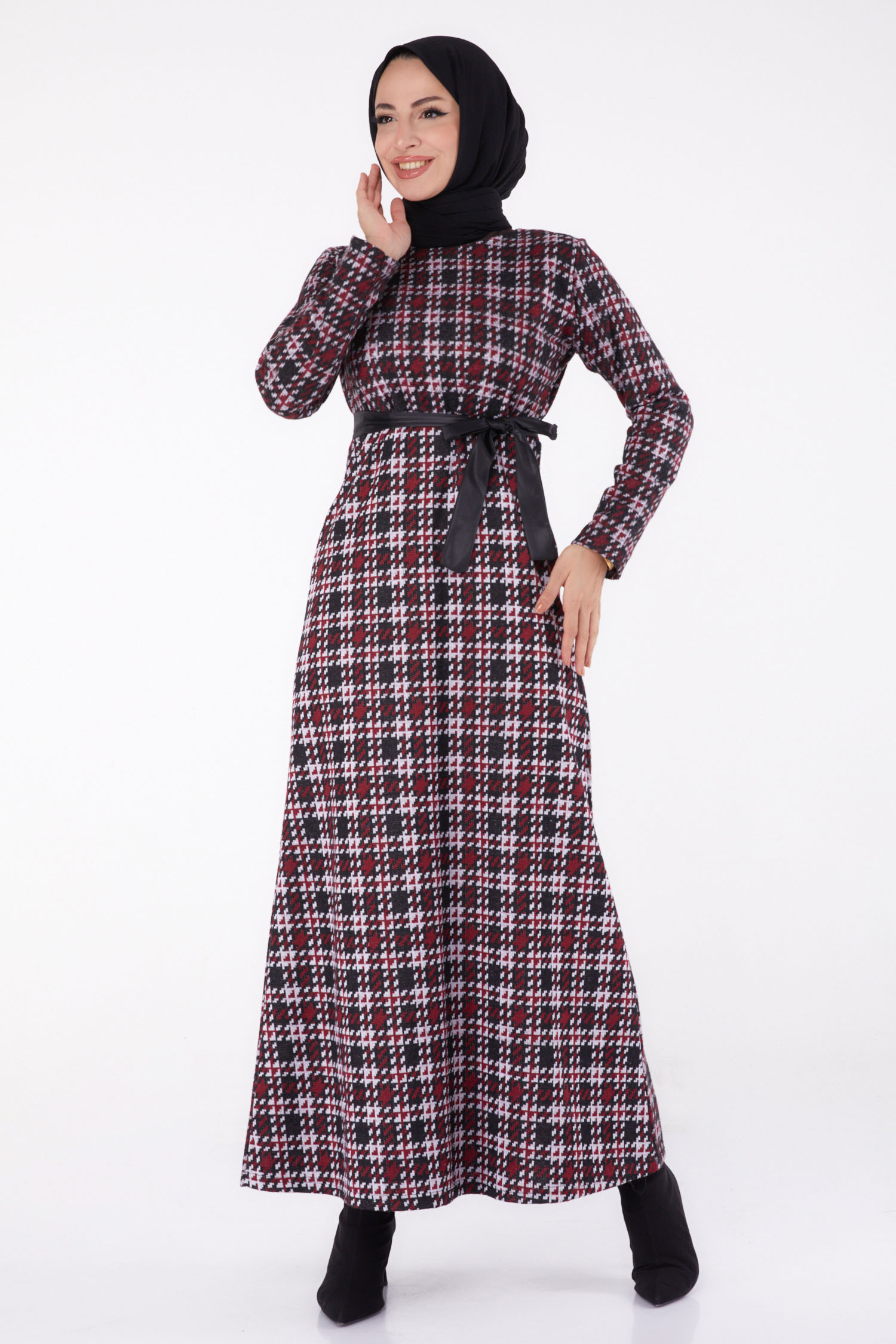 Kazayağı Desenli Kuşaklı Elbise  - 27756-BORDO