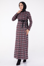 Kazayağı Desenli Kuşaklı Elbise - 27756-BORDO - TOFİSA (1)