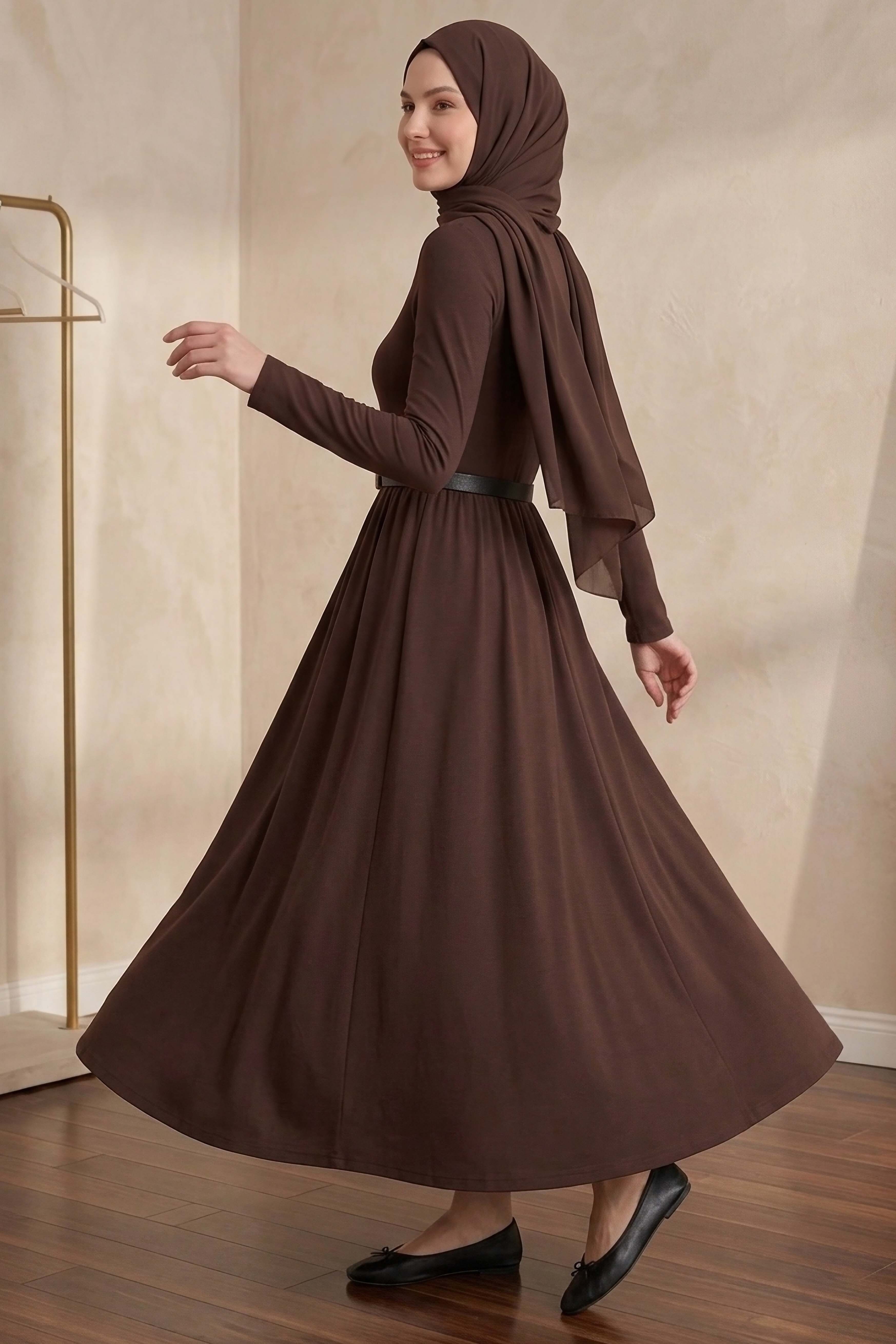 Kemerli Elbise  - 28407-KAHVE