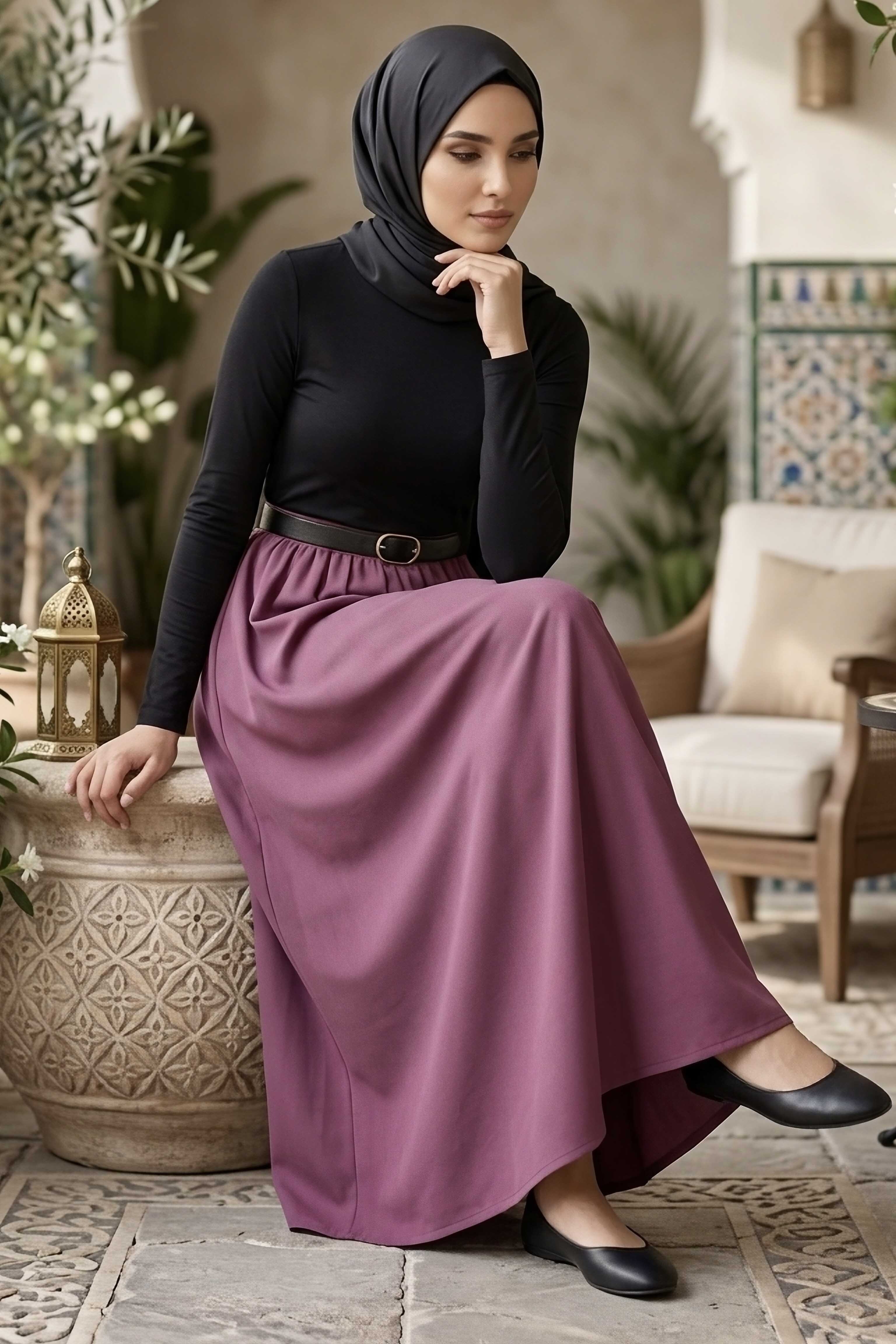 Kemerli Elbise  - 28407-SIYAH-BORDO