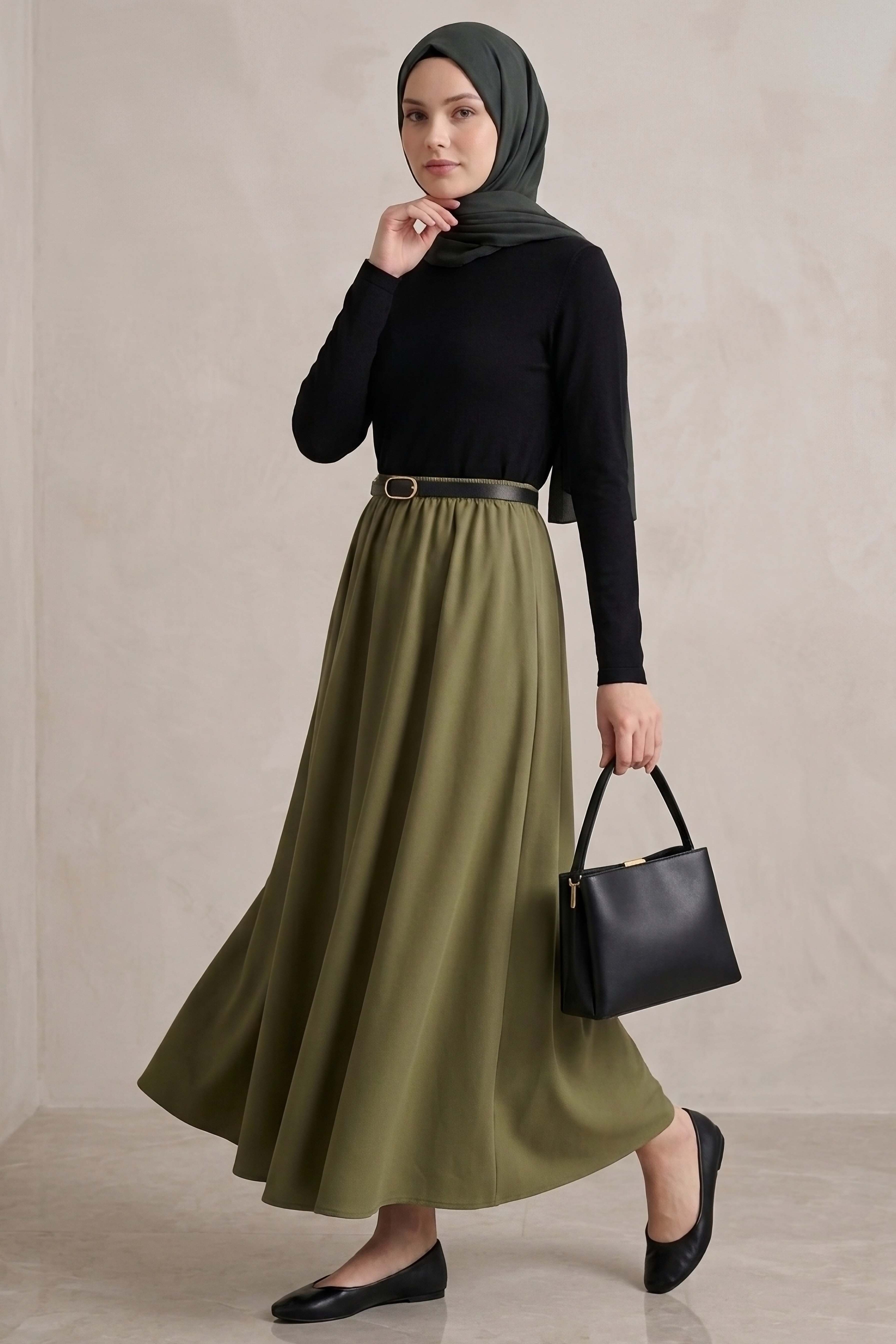 Kemerli Elbise  - 28407-SIYAH-HAKI