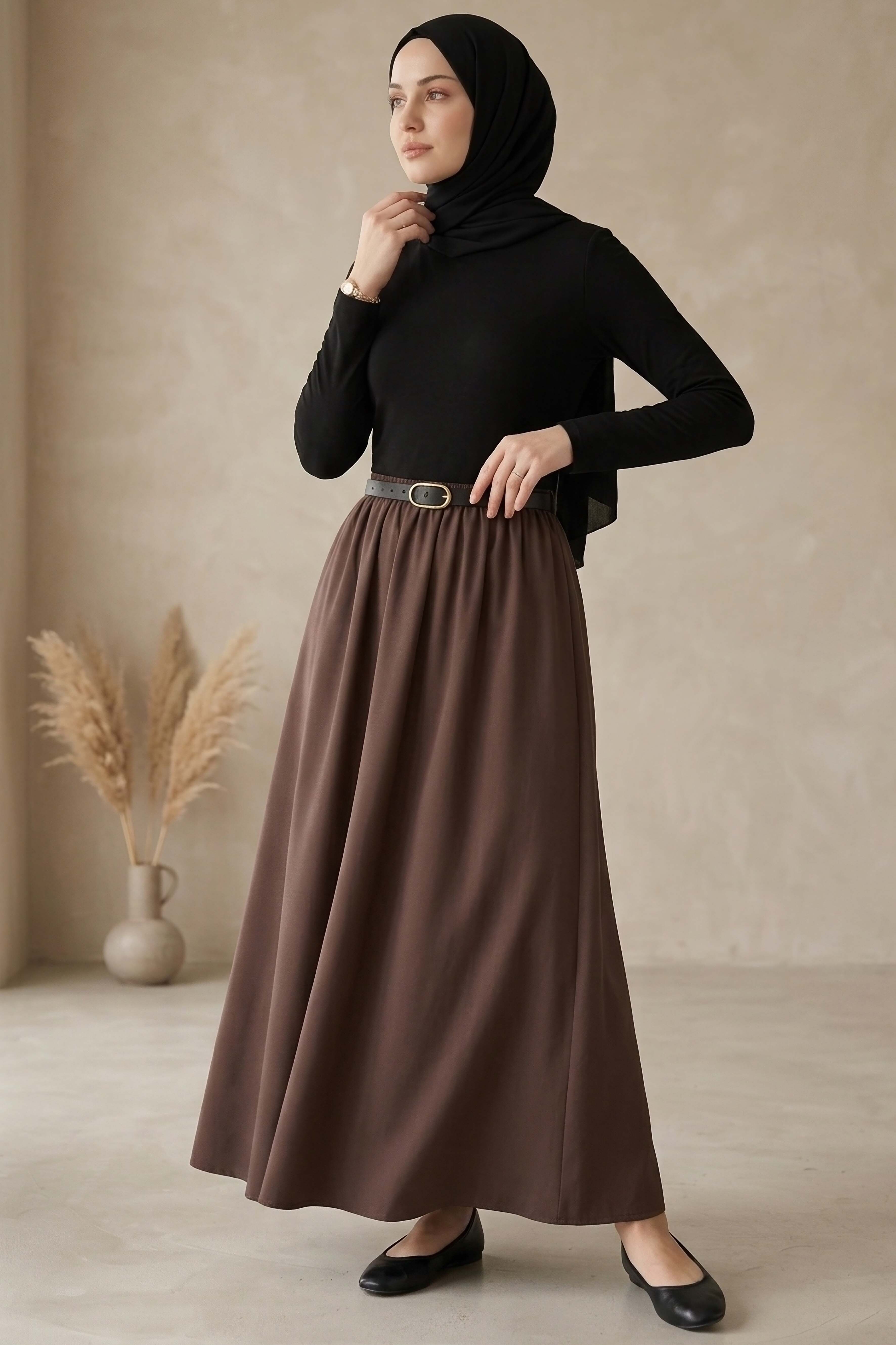 Kemerli Elbise  - 28407-SIYAH-KAHVE