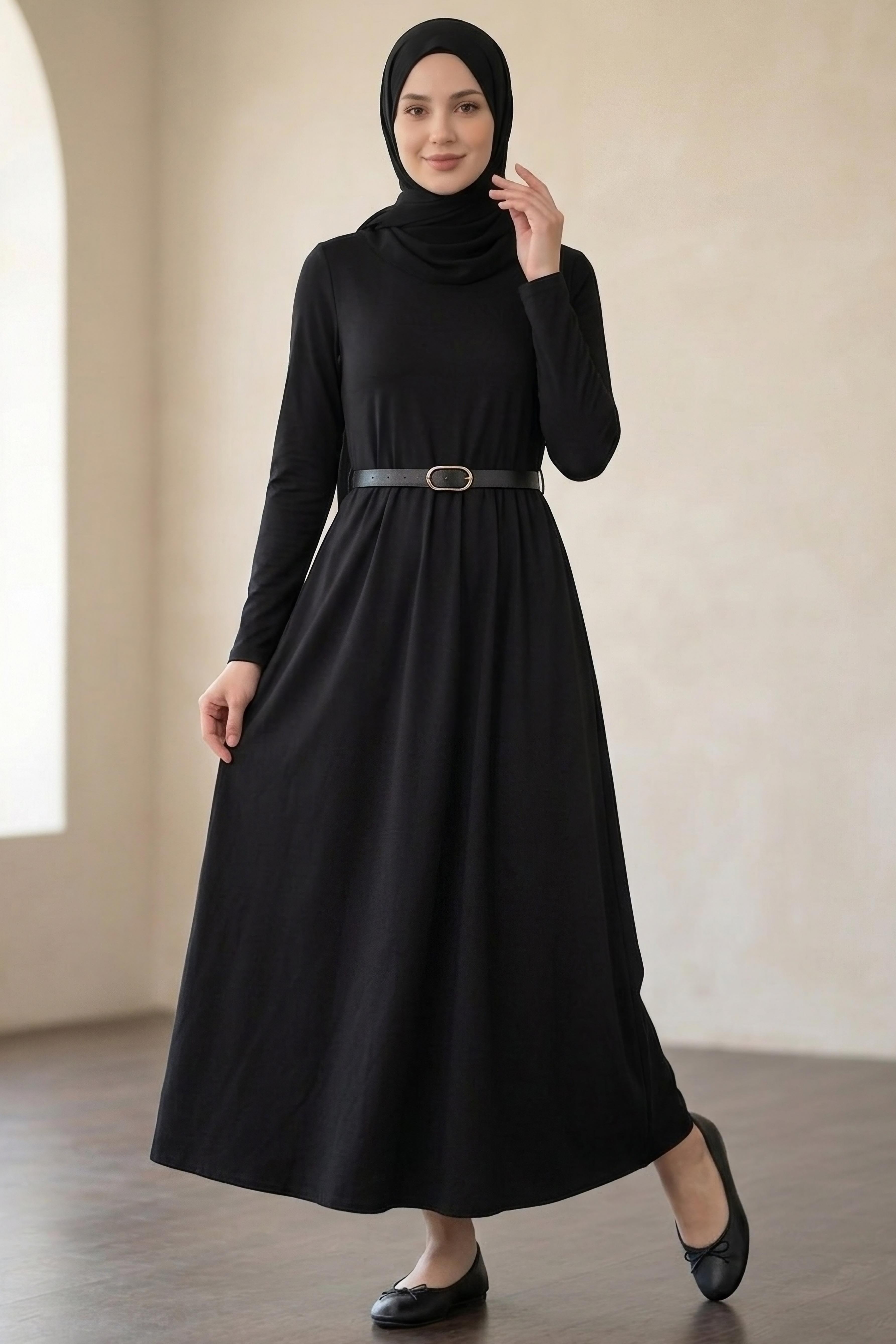 Kemerli Elbise  - 28407-SIYAH