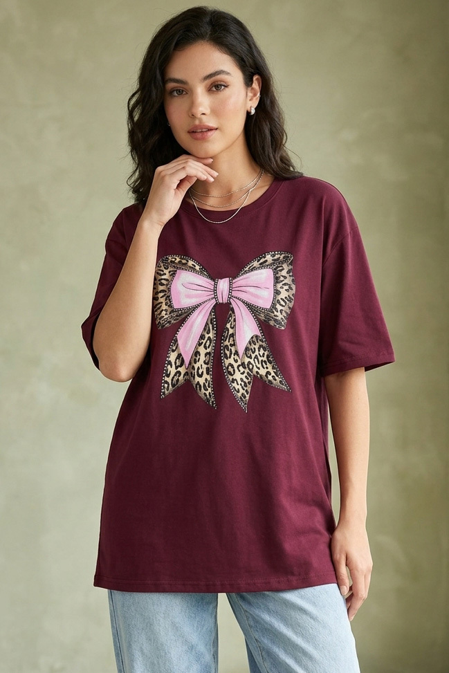 Kısa Kollu Baskılı T-shirt  - 1316-BORDO
