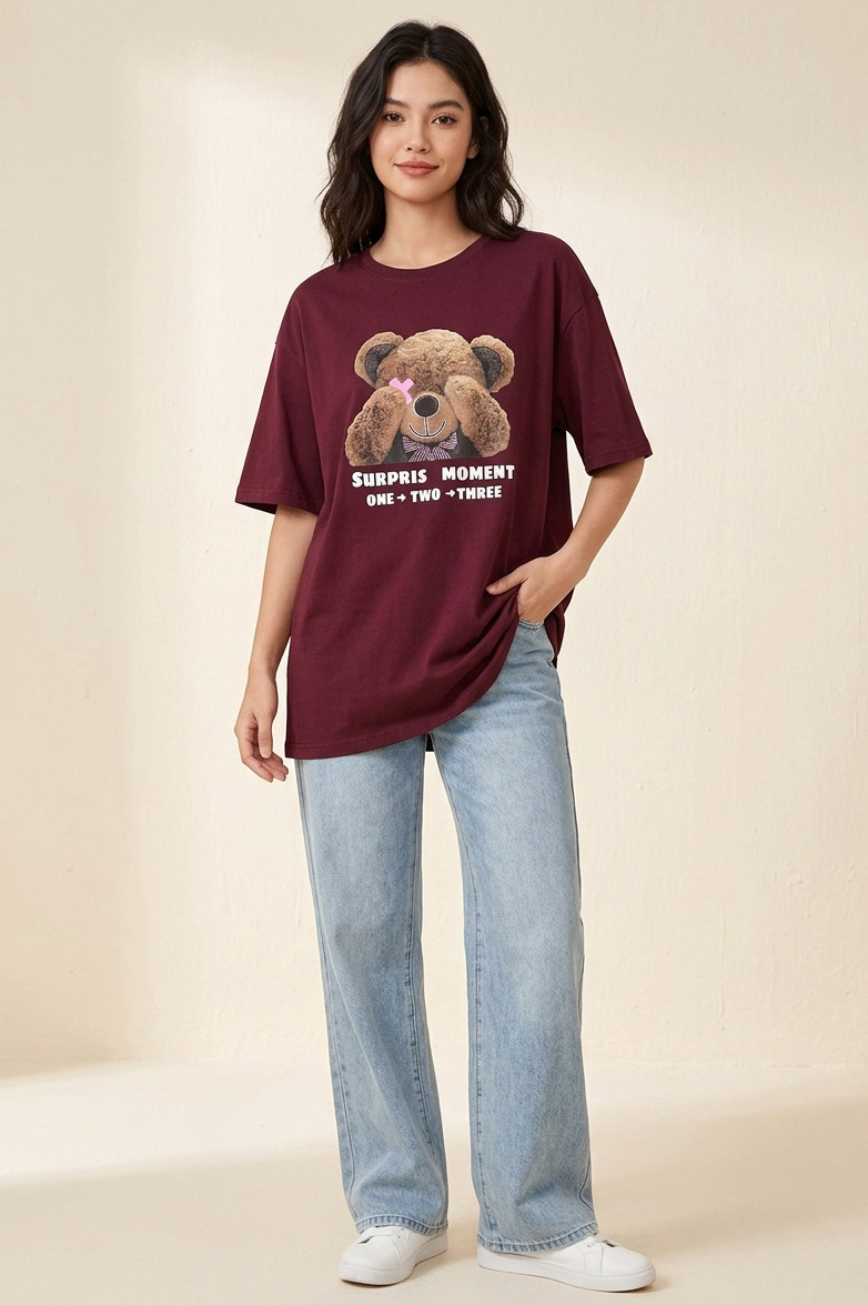 Kısa Kollu Baskılı T-shirt  - 1317-BORDO