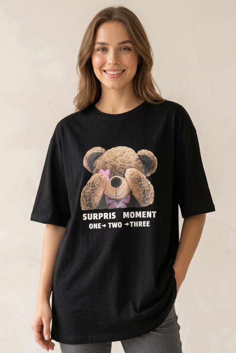 Kısa Kollu Baskılı T-shirt  - 1317-SIYAH