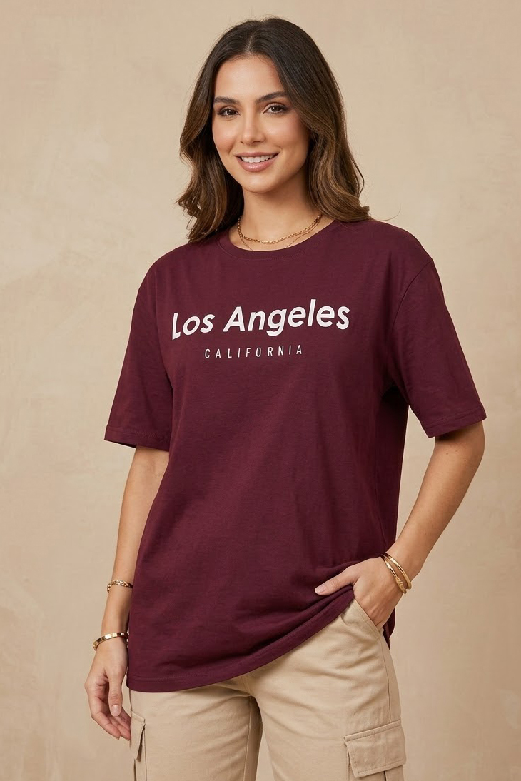 Kısa Kollu Baskılı T-shirt  - 1318-BORDO