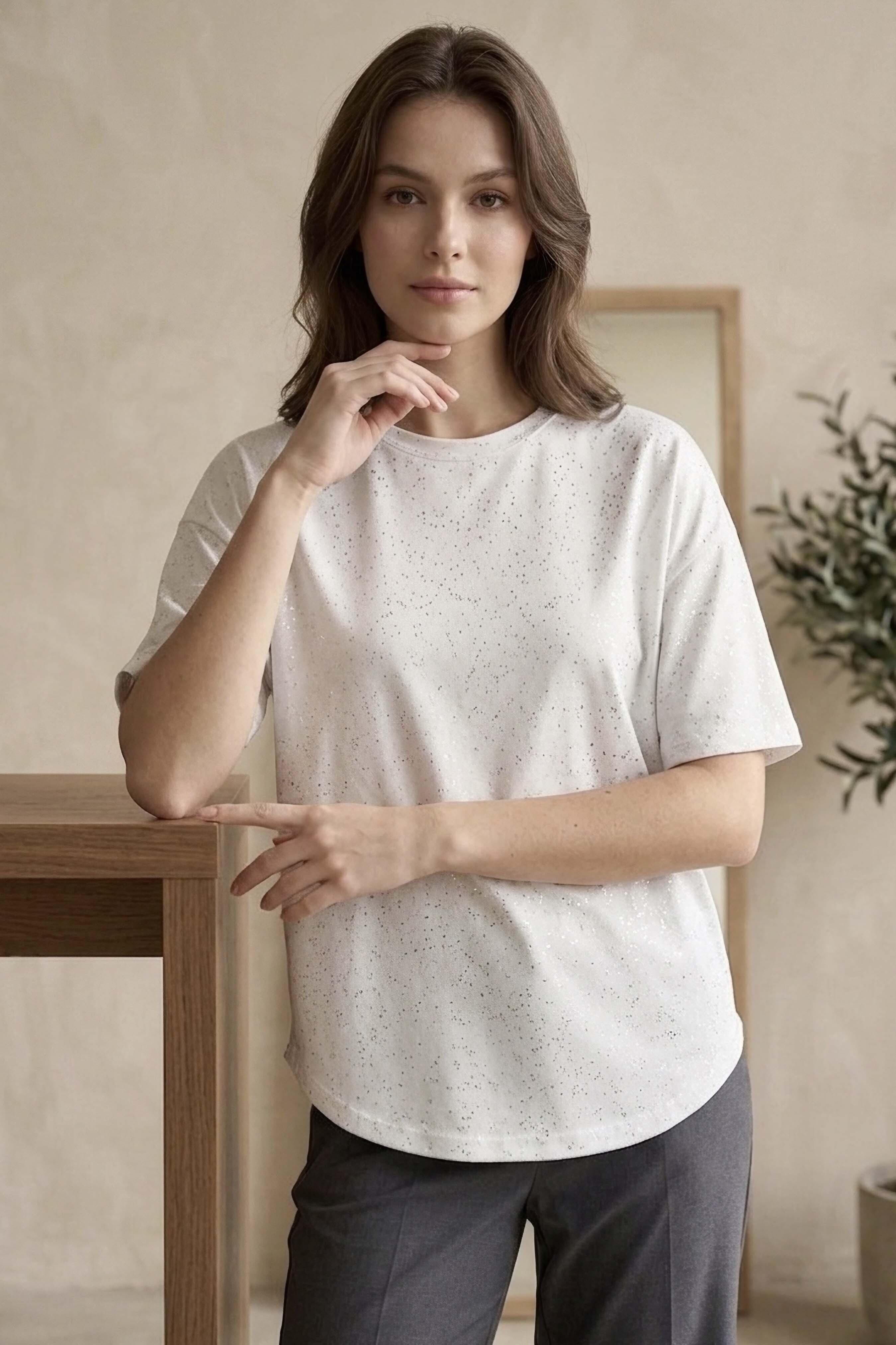 Kısa Kollu Modal Simli T-shirt  - 28410-BEYAZ
