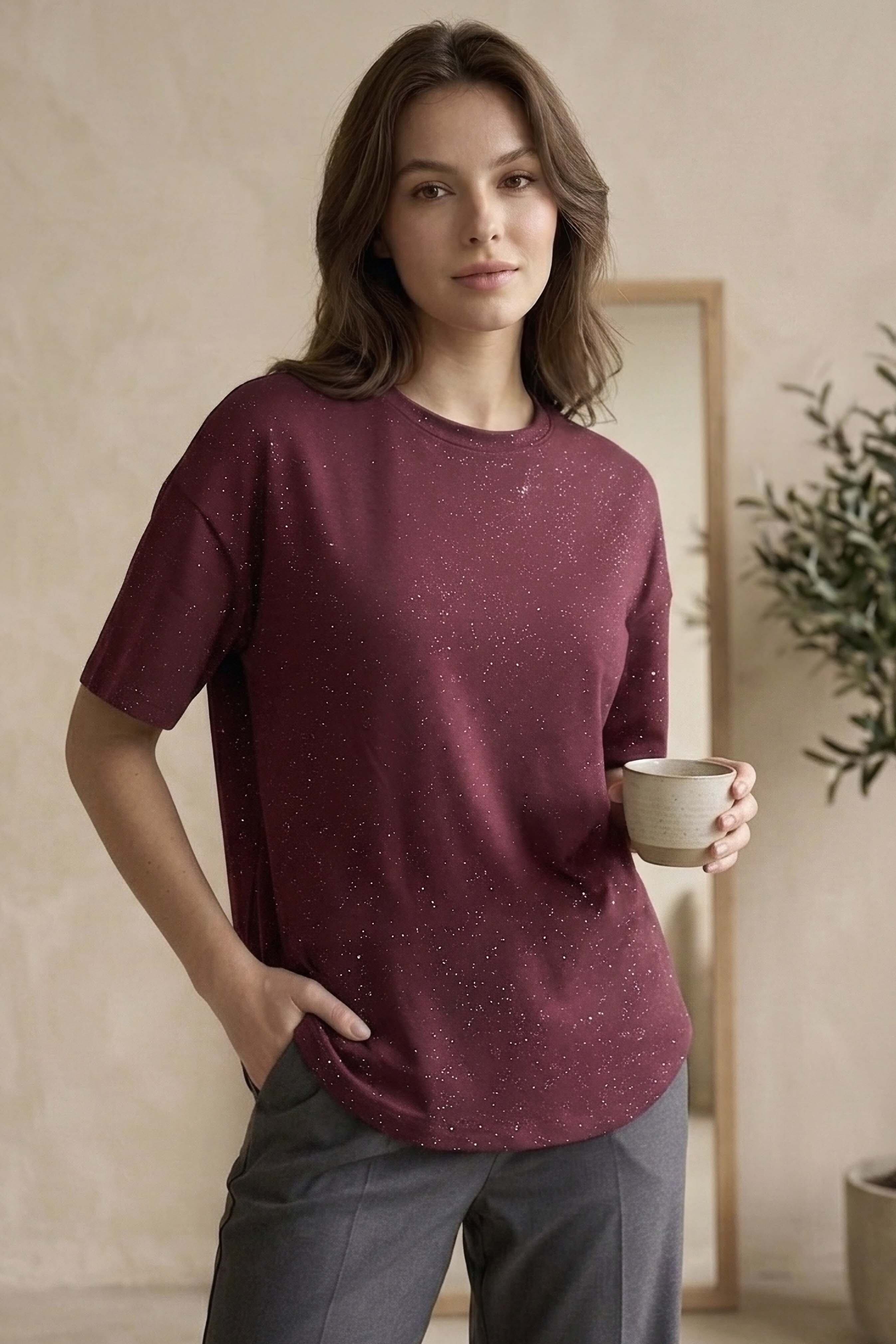 Kısa Kollu Modal Simli T-shirt  - 28410-BORDO
