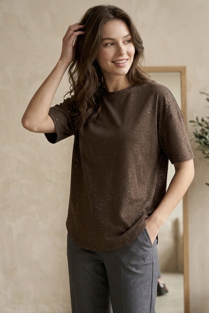 Kısa Kollu Modal Simli T-shirt  - 28410-KAHVE