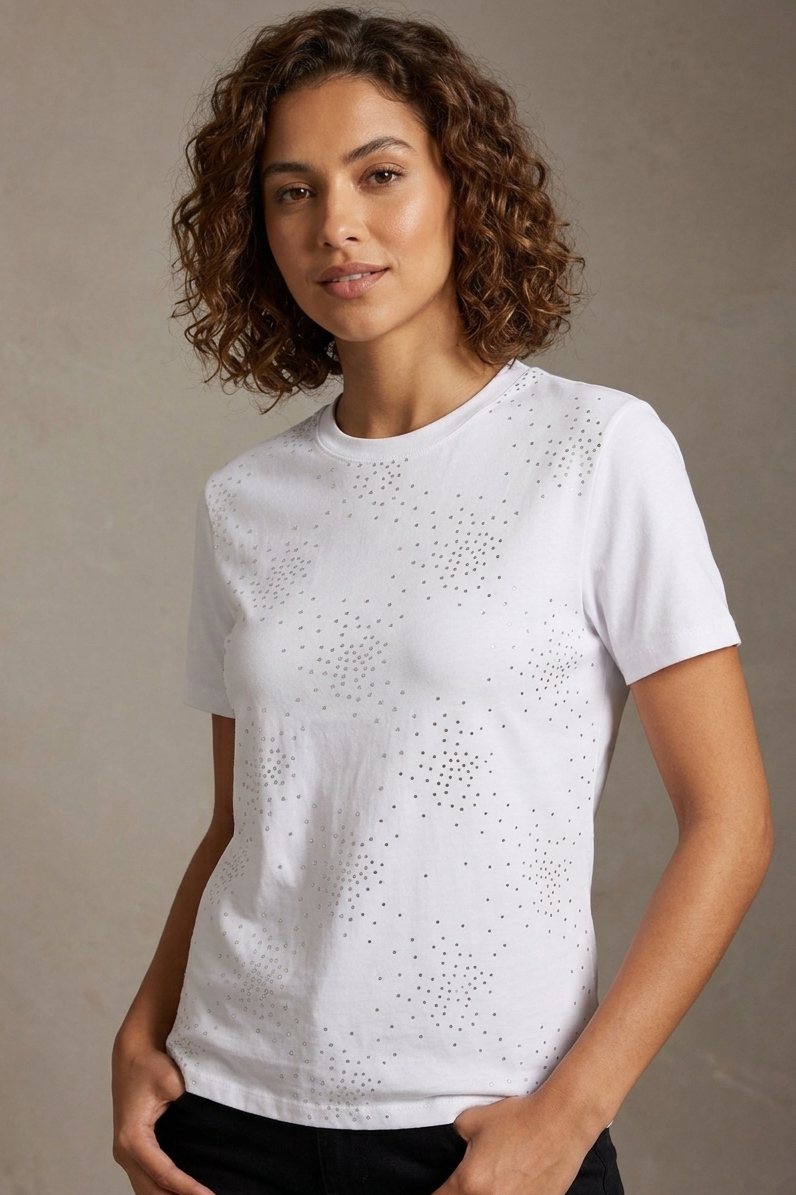 Kısa Kollu Taşlı T-shirt  - 28424-BEYAZ