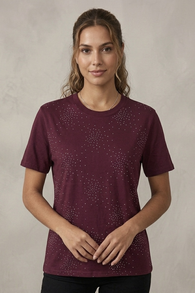 Kısa Kollu Taşlı T-shirt  - 28424-BORDO