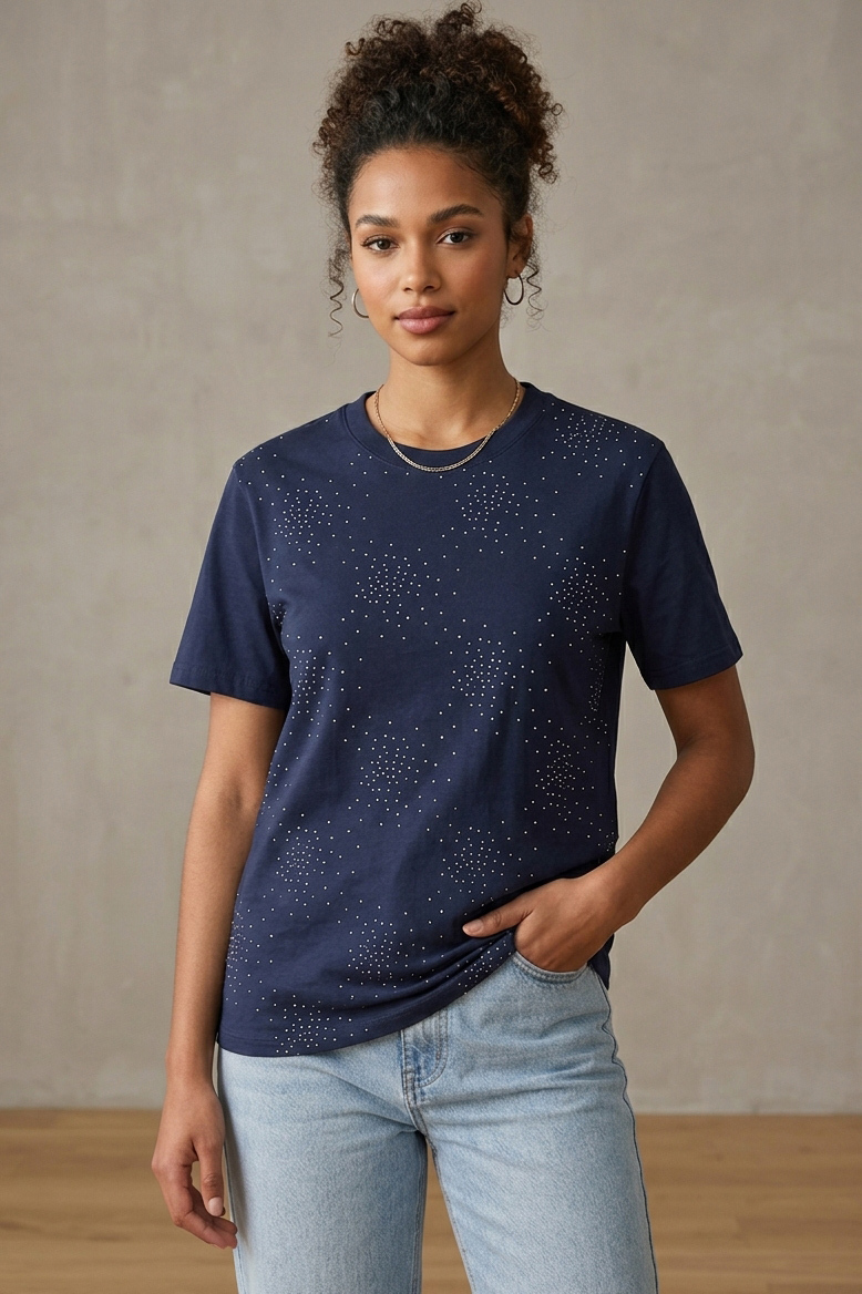 Kısa Kollu Taşlı T-shirt  - 28424-LACIVERT