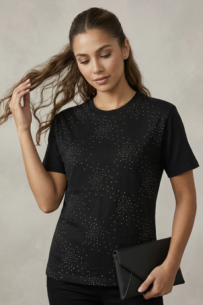 Kısa Kollu Taşlı T-shirt  - 28424-SIYAH