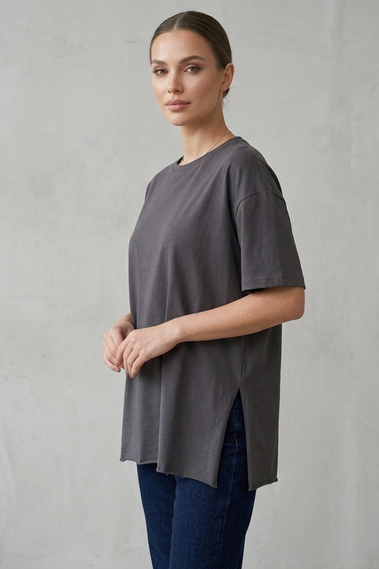 Kısa Kollu Yırtmaçlı T-shirt Antrasit - 2113-ANTRASIT