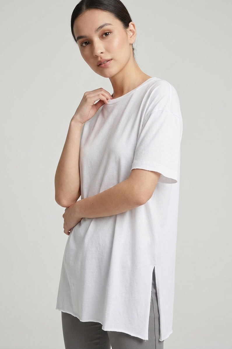Kısa Kollu Yırtmaçlı T-shirt Beyaz - 2113-BEYAZ