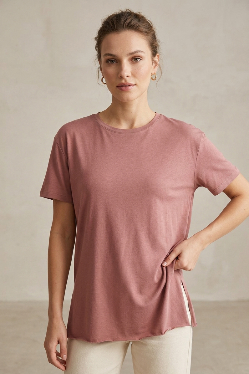 Kısa Kollu Yırtmaçlı T-shirt Gül - 2113-GUL