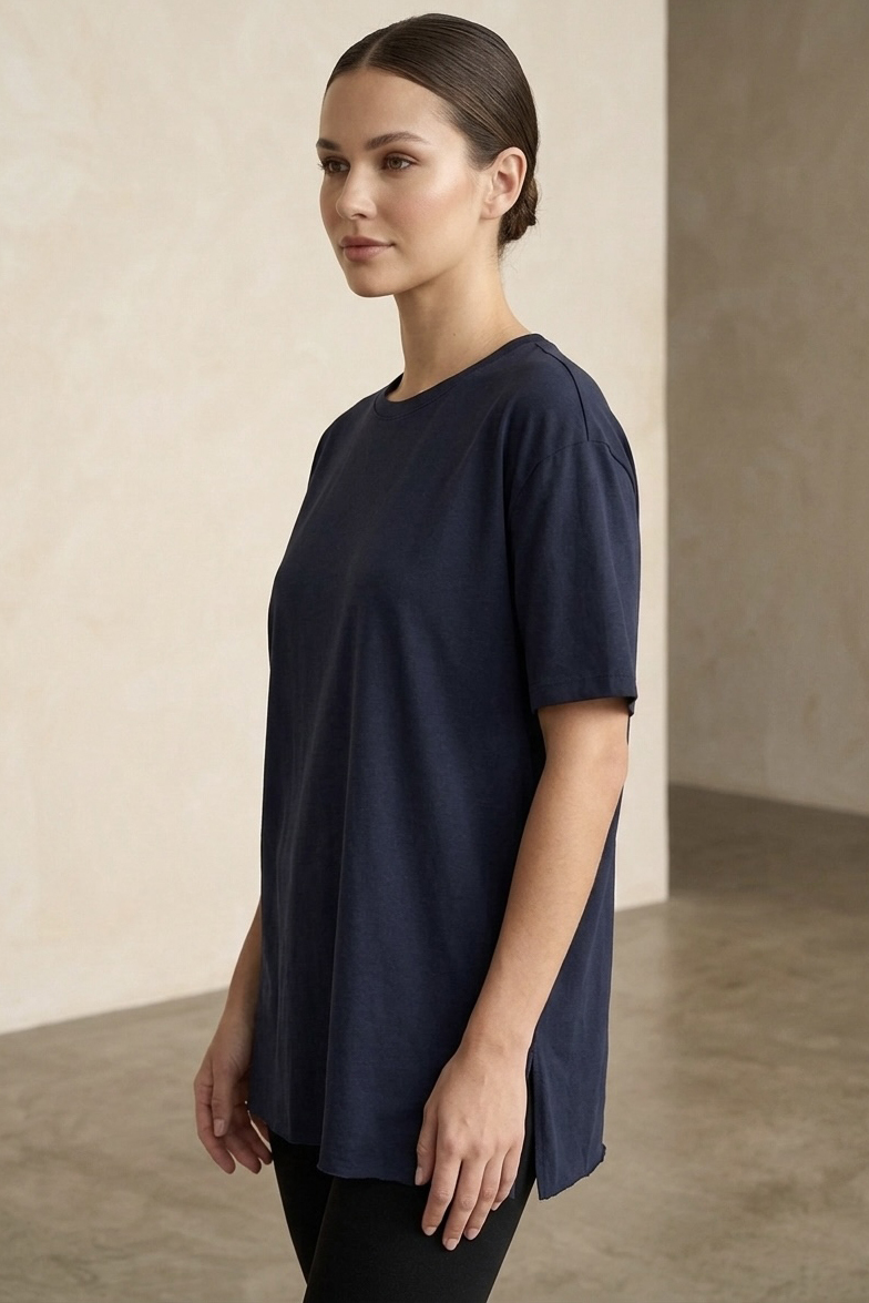 Kısa Kollu Yırtmaçlı T-shirt Lacivert - 2113-LACIVERT