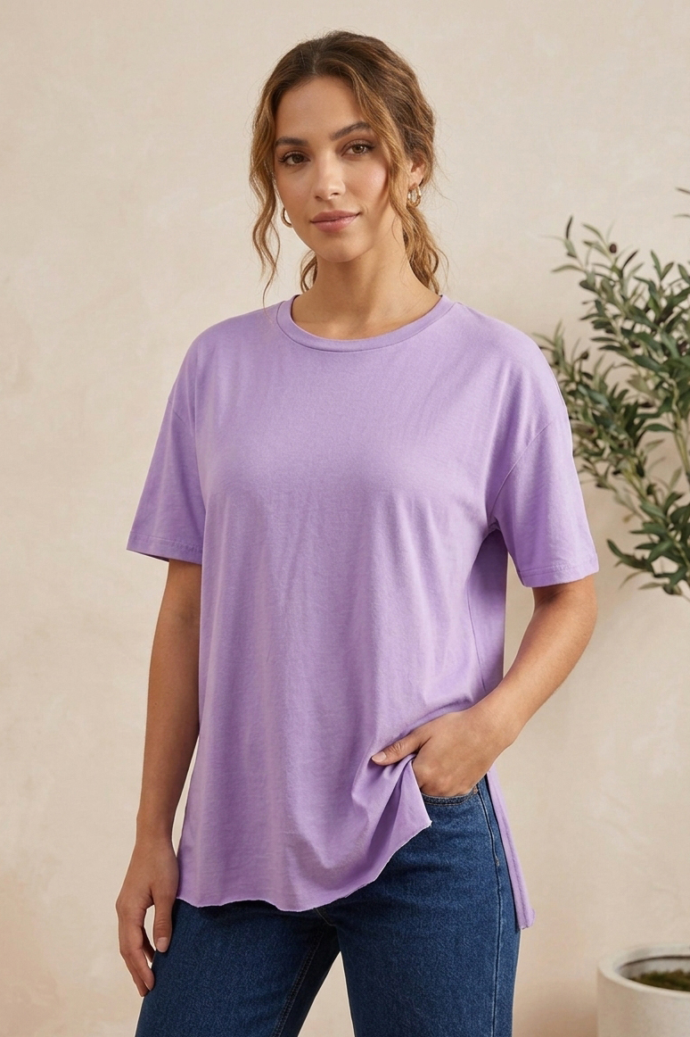 Kısa Kollu Yırtmaçlı T-shirt Lila - 2113-LILA