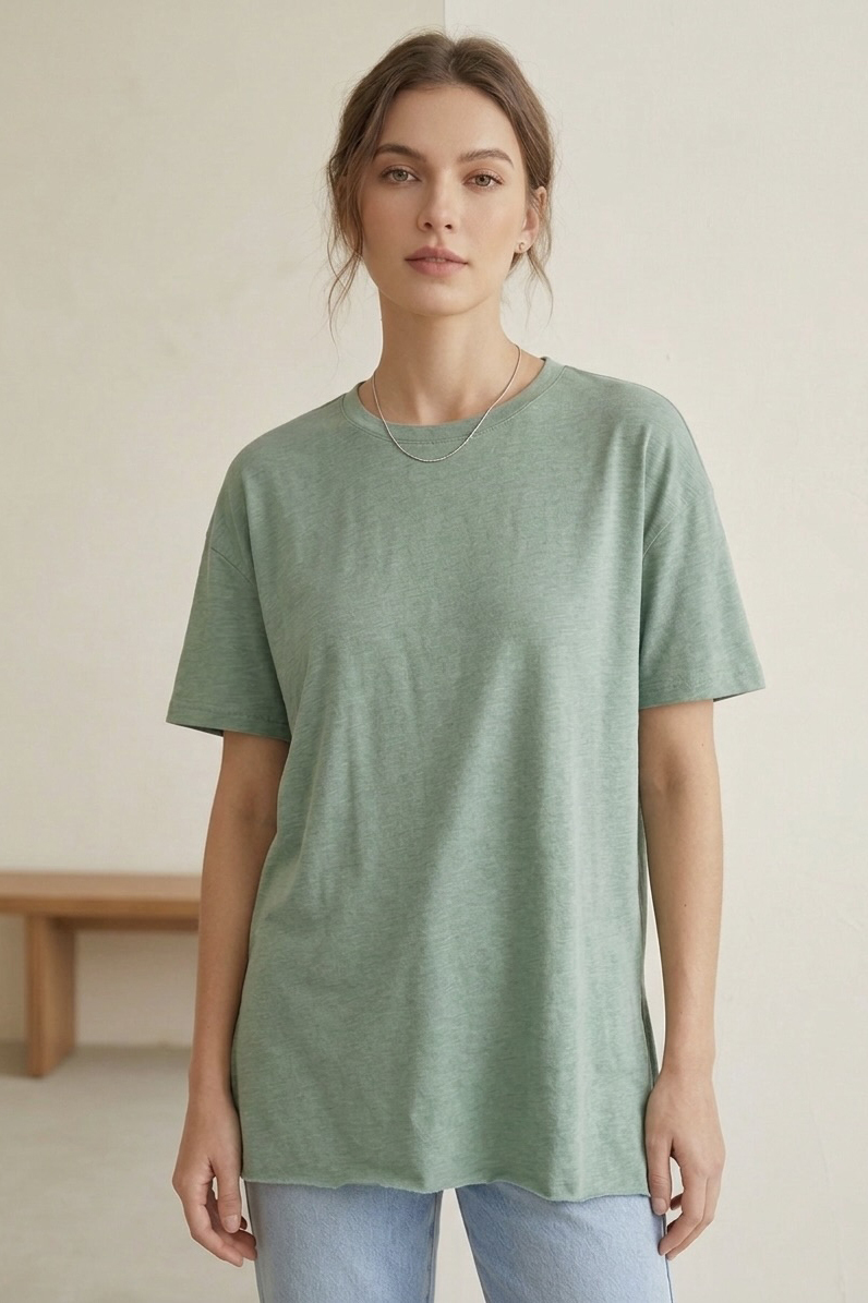 Kısa Kollu Yırtmaçlı T-shirt Mint - 2113-MINT