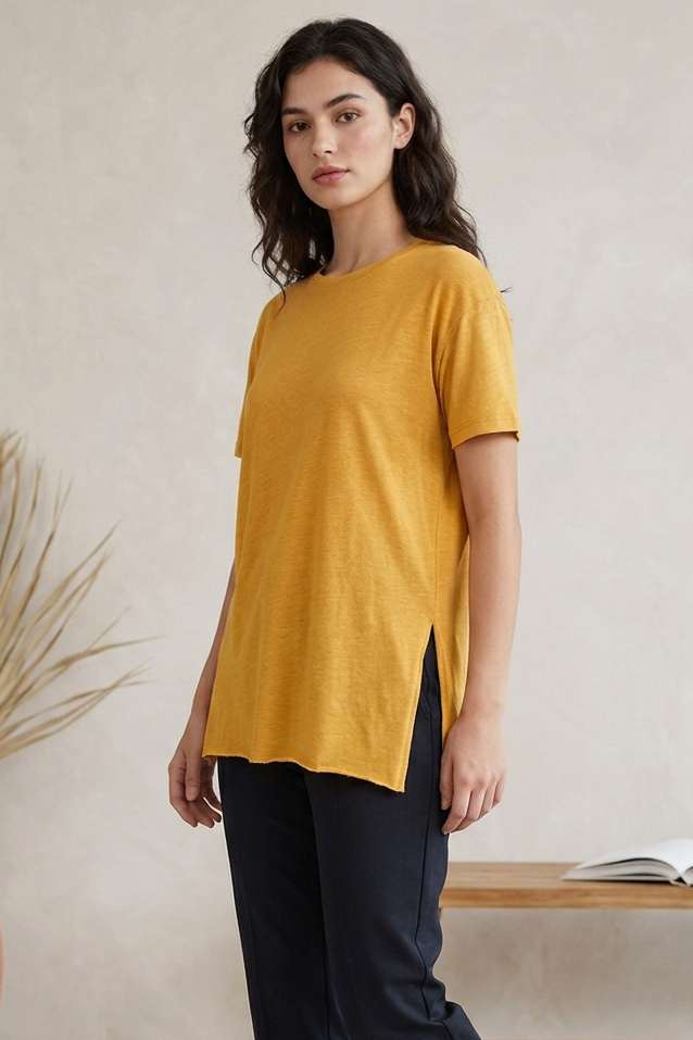 Kısa Kollu Yırtmaçlı T-shirt Sari - 2113-SARI