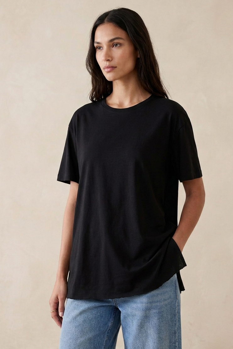 Kısa Kollu Yırtmaçlı T-shirt Siyah - 2113-SIYAH