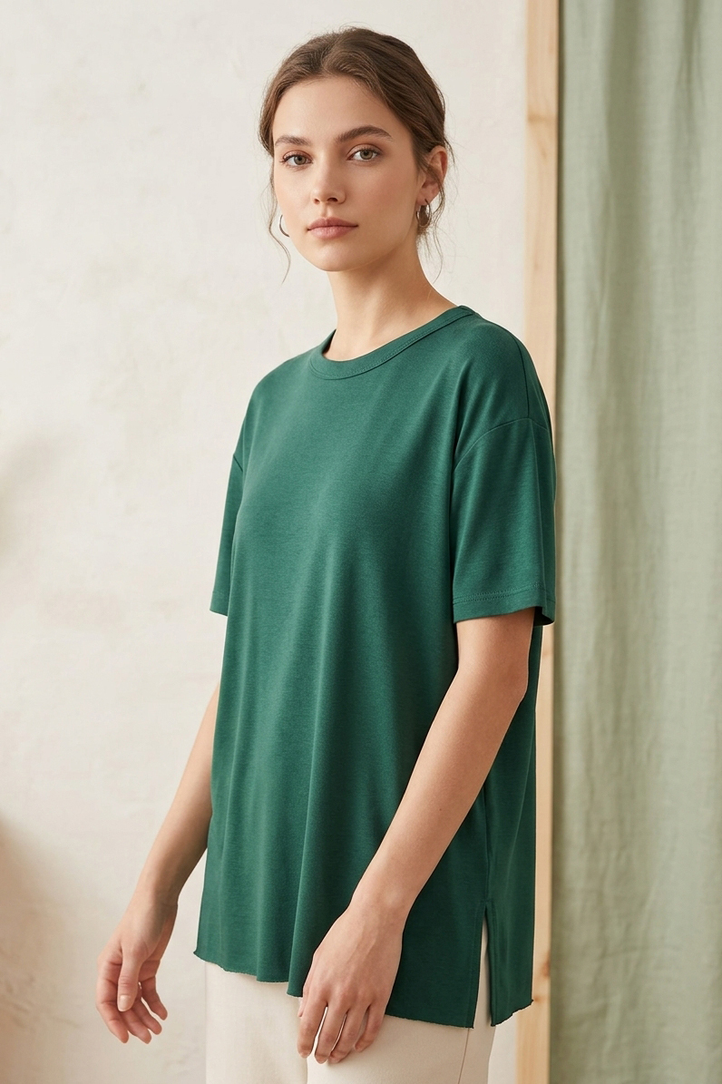 Kısa Kollu Yırtmaçlı T-shirt Zumrut - 2113-ZUMRUT
