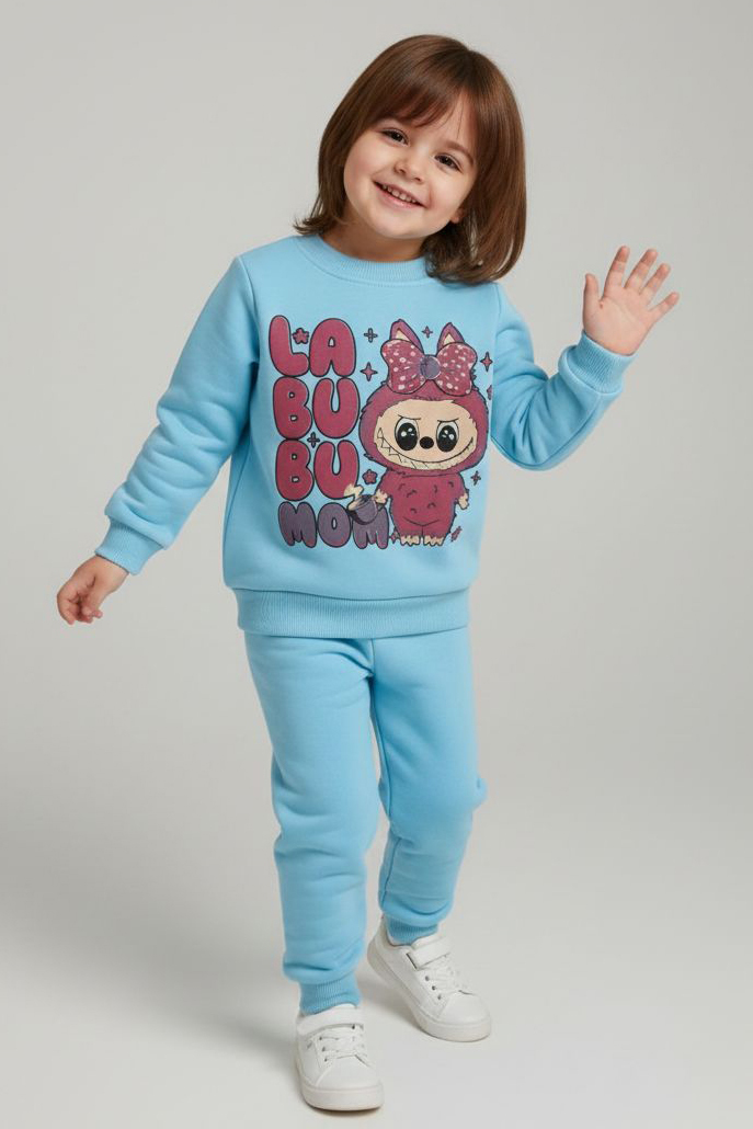 Kız Çocuk Bebe Mavi Baskılı Şardonlu Pijama Takımı - 28099-BEBE-MAVI