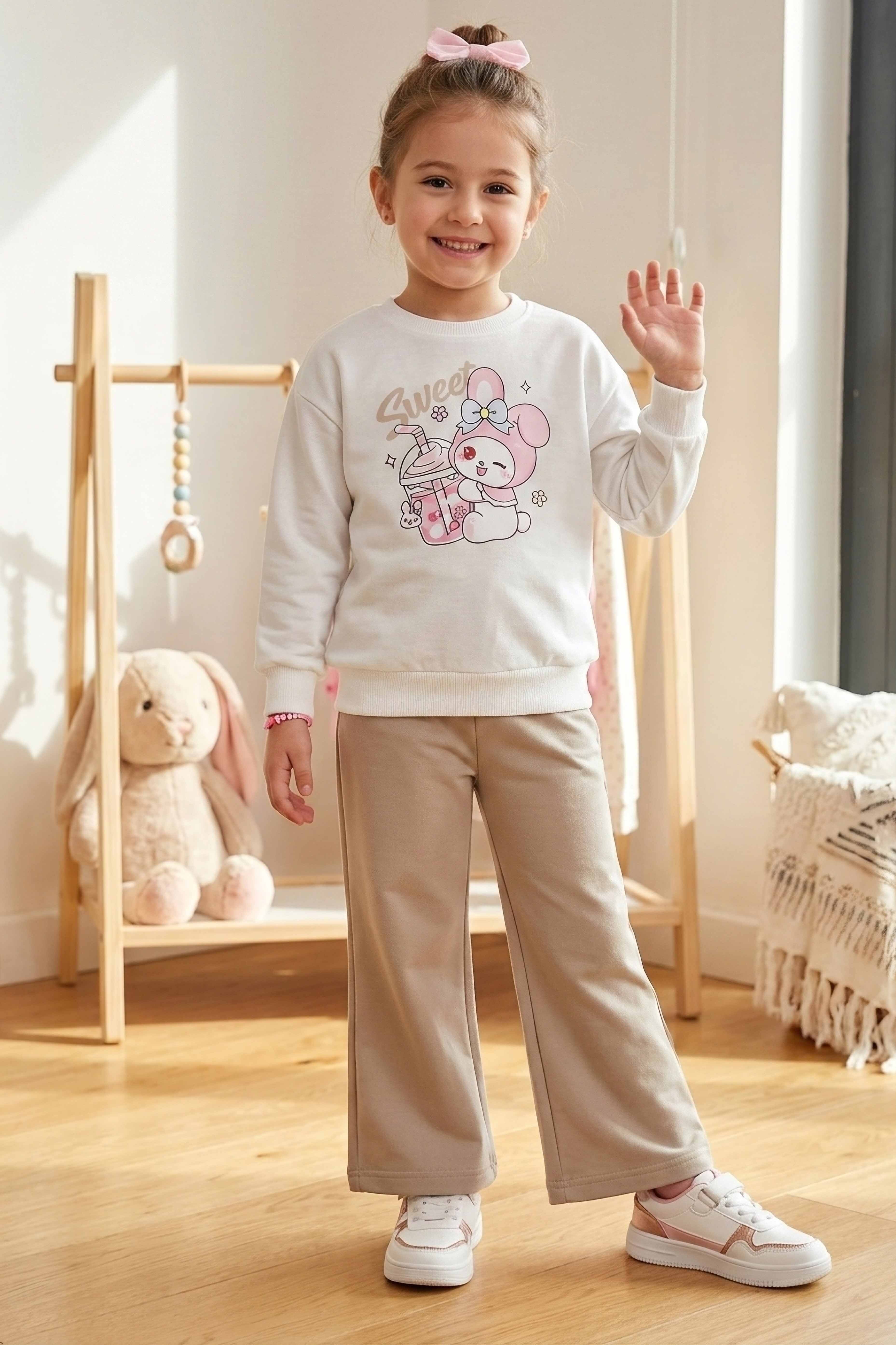 Kız Çocuk Bej Baskılı Pijama Takımı - 28305-BEJ