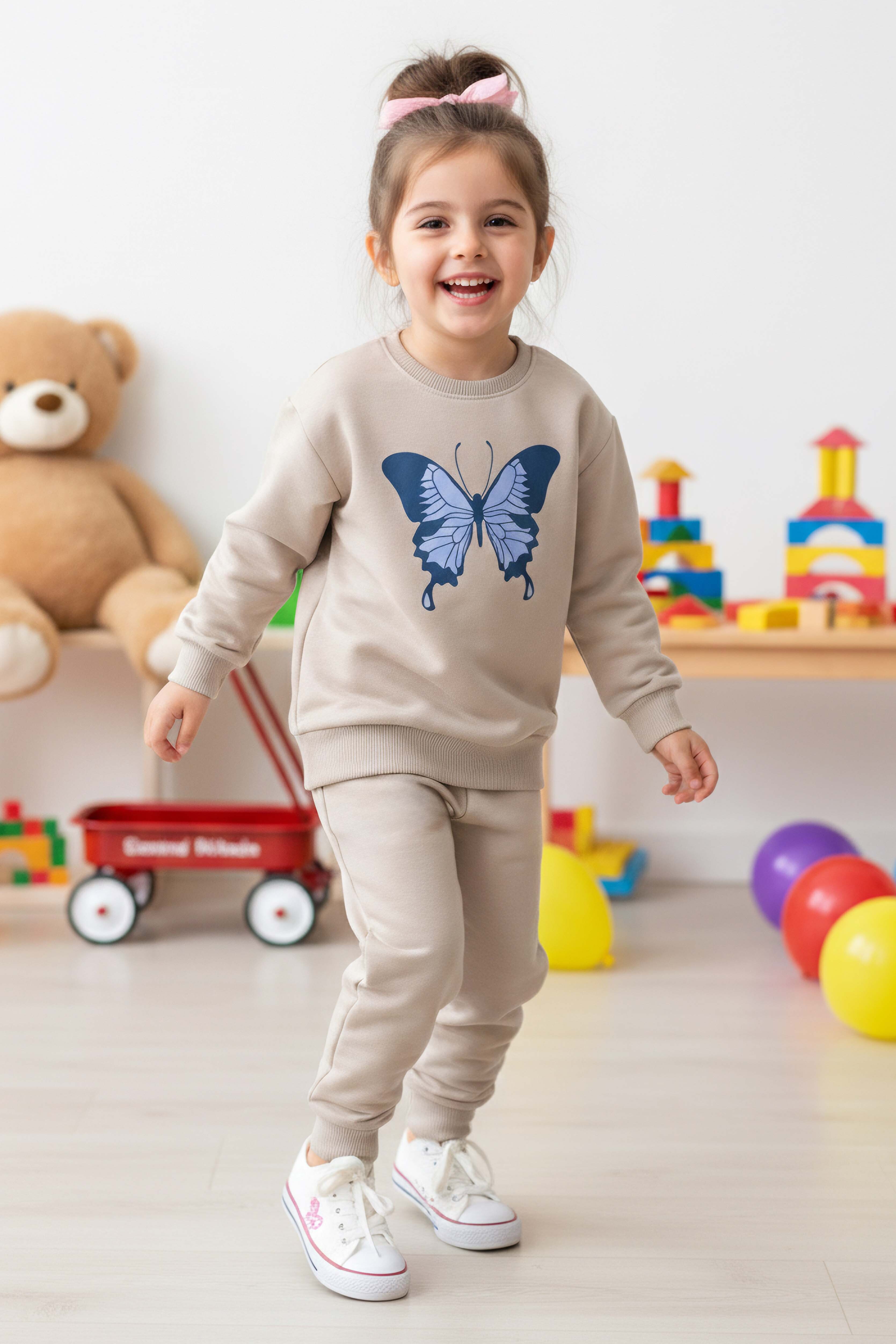 Kız Çocuk Bej Kelebek Baskılı İki İplik Takım - 28289-BEJ