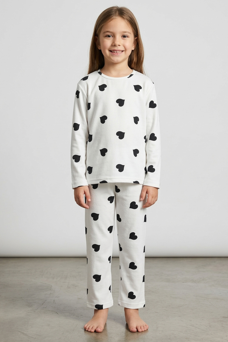 Kız Çocuk Beyaz Kalpli Süet Pijama Takımı - 28330-BEYAZ