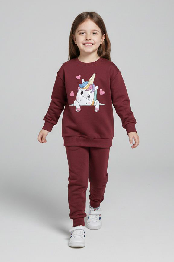 Kız Çocuk Bordo Baskılı Eşofman Takımı - 28176-BORDO