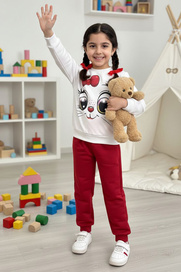 Kız Çocuk Bordo Baskılı İki İplik Çocuk Pijama Takımı - 28275-BORDO