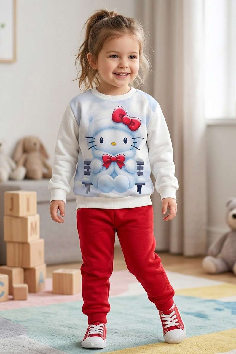 Kız Çocuk Bordo Baskılı İki İplik Çocuk Pijama Takımı - 28347-BORDO