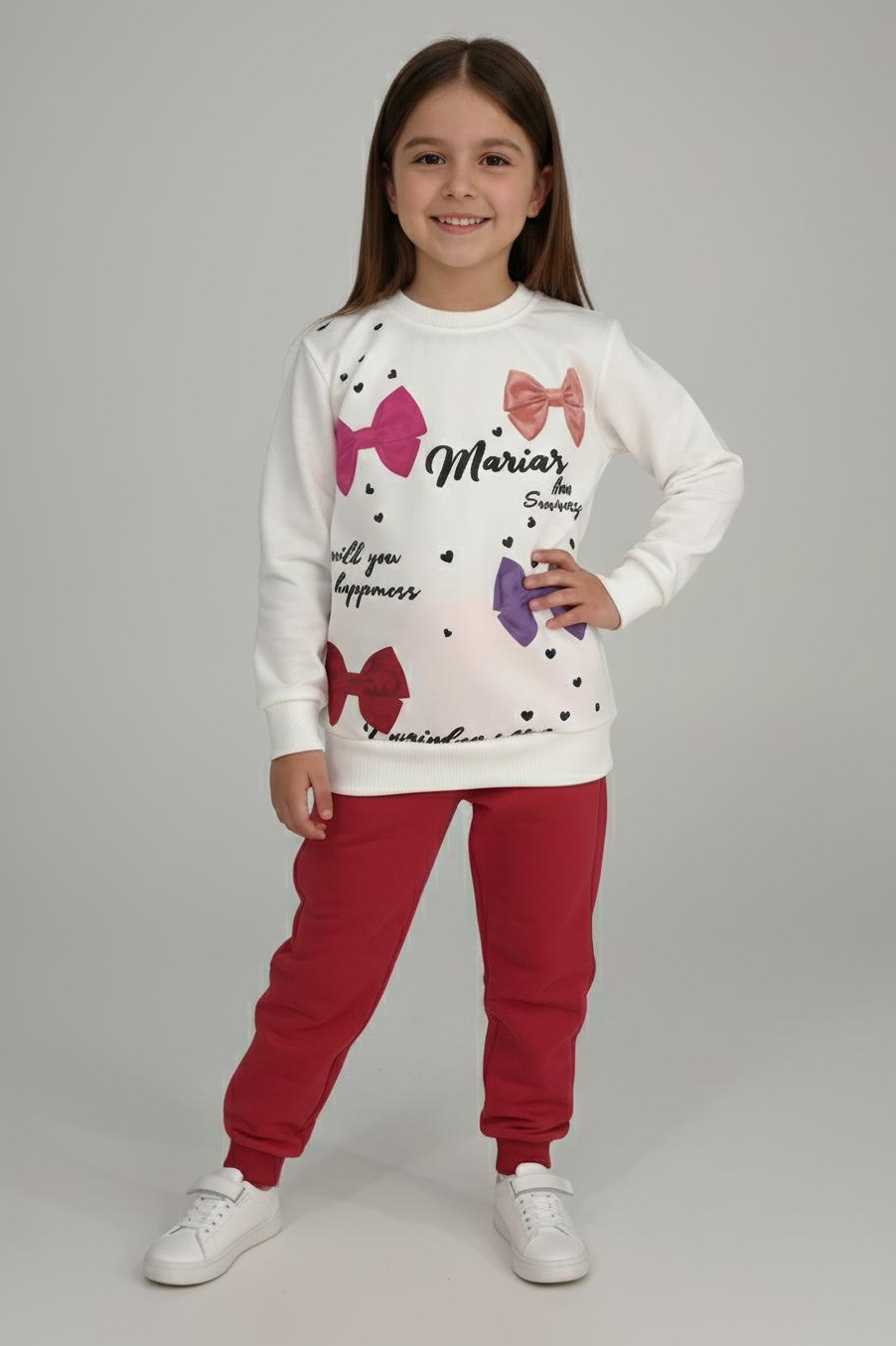 Kız Çocuk Bordo Baskılı Pijama Takımı - 28164-BORDO