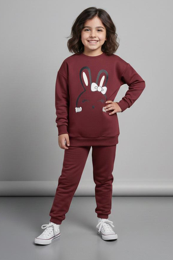 Kız Çocuk Bordo Baskılı Pijama Takımı - 28177-BORDO