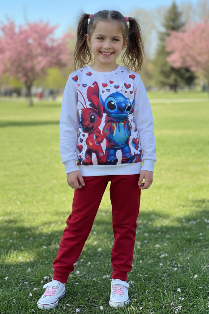 Kız Çocuk Bordo Baskılı Pijama Takımı - 28246-BORDO