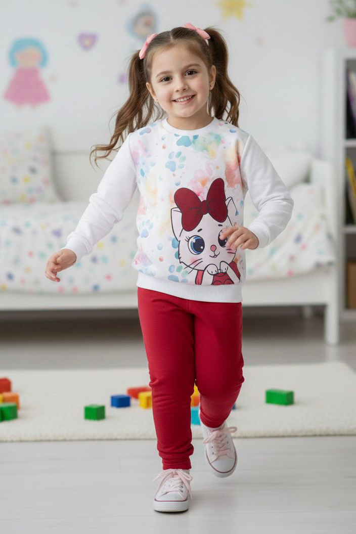 Kız Çocuk Bordo Baskılı Şardonlu Pijama Takımı - 28236-BORDO