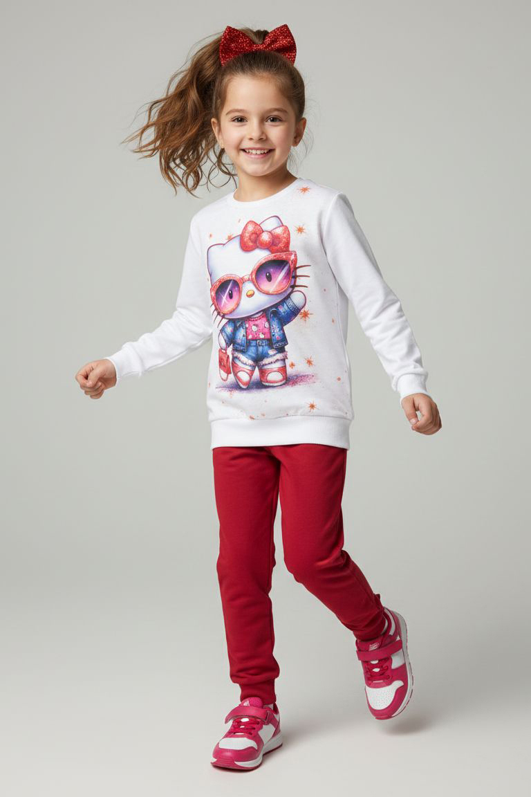 Kız Çocuk Bordo Baskılı Şardonlu Pijama Takımı - 28237-BORDO