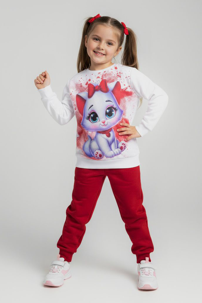Kız Çocuk Bordo Baskılı Şardonlu Pijama Takımı - 28238-BORDO