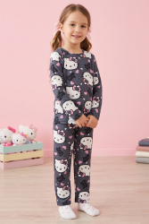 Kız Çocuk Füme Kedi Basklı Süet Pijama Takımı - 28331-FUME