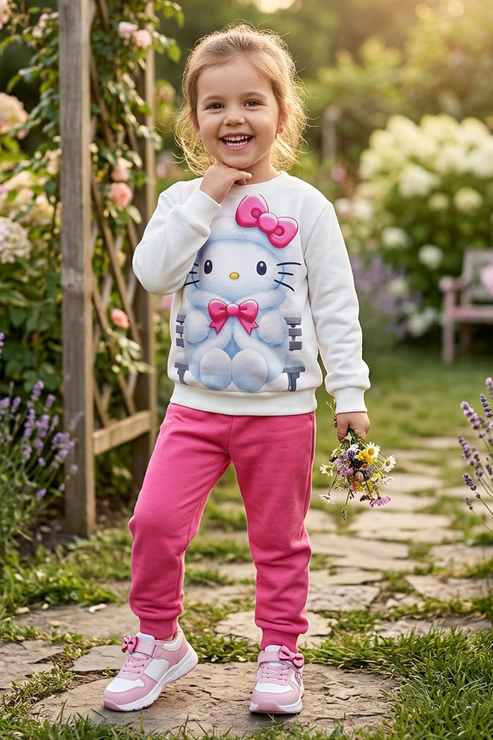 Kız Çocuk Fuşya Baskılı İki İplik Çocuk Pijama Takımı - 28347-FUSYA
