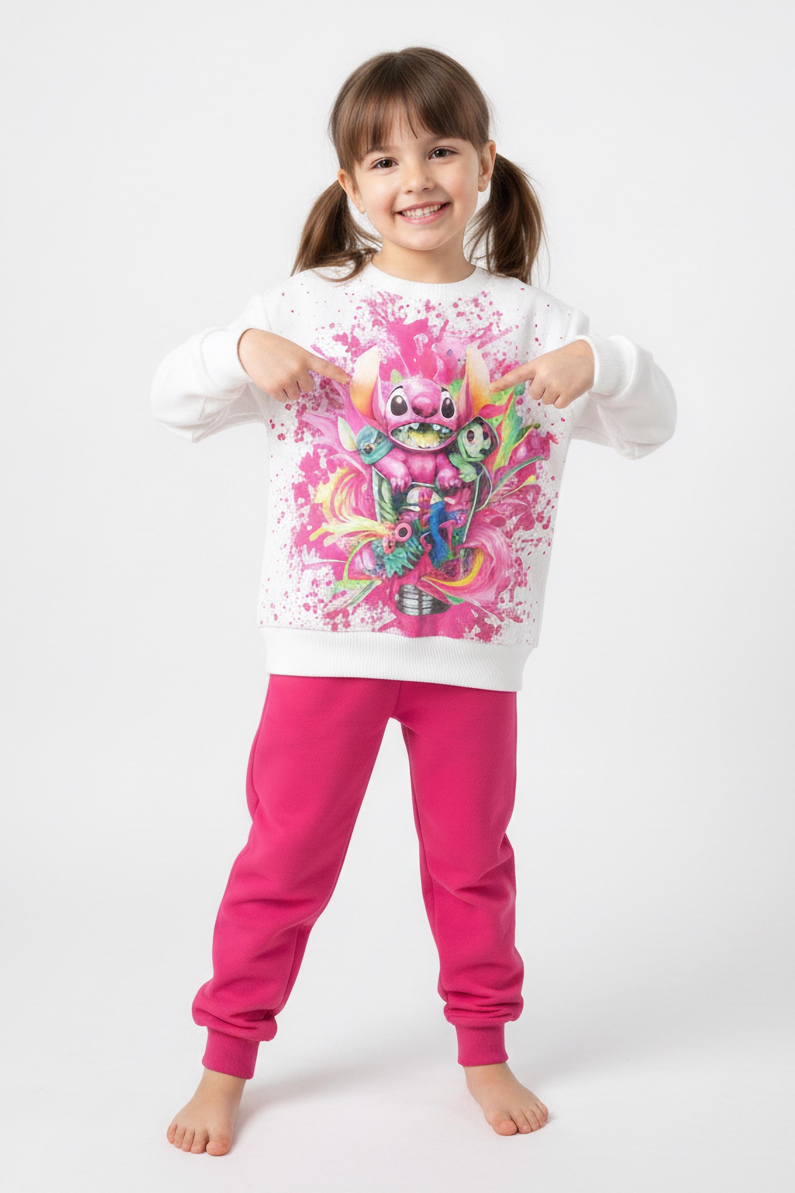 Kız Çocuk Fuşya Baskılı Pijama Takımı - 28096-FUSYA